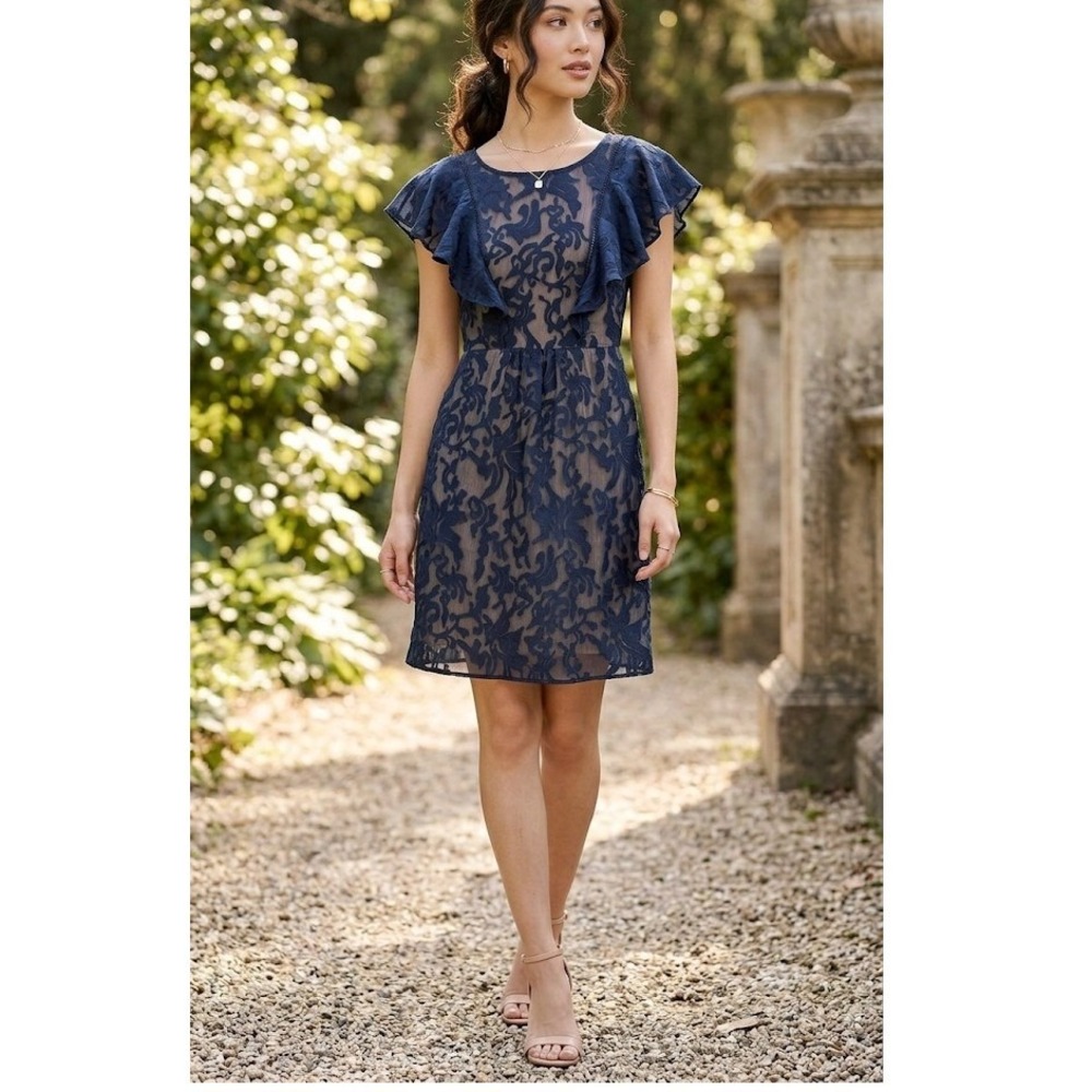 0P Moulinette Soeurs Anthropologie Navy Blue Lace Flutter Sleeve Dress Pocketed
